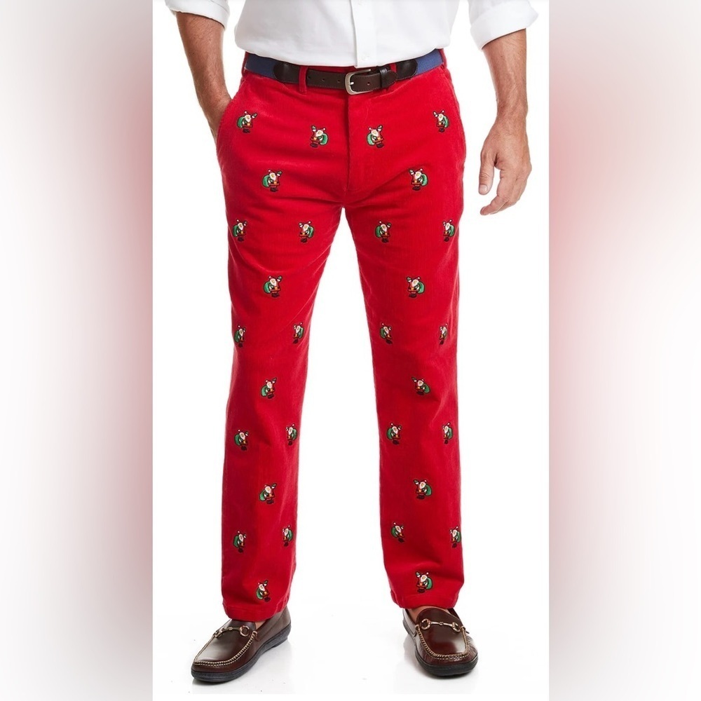 Beachcomber Bright Red Corduroy Holiday Pants Sz: 38UF Embroidered Santas.